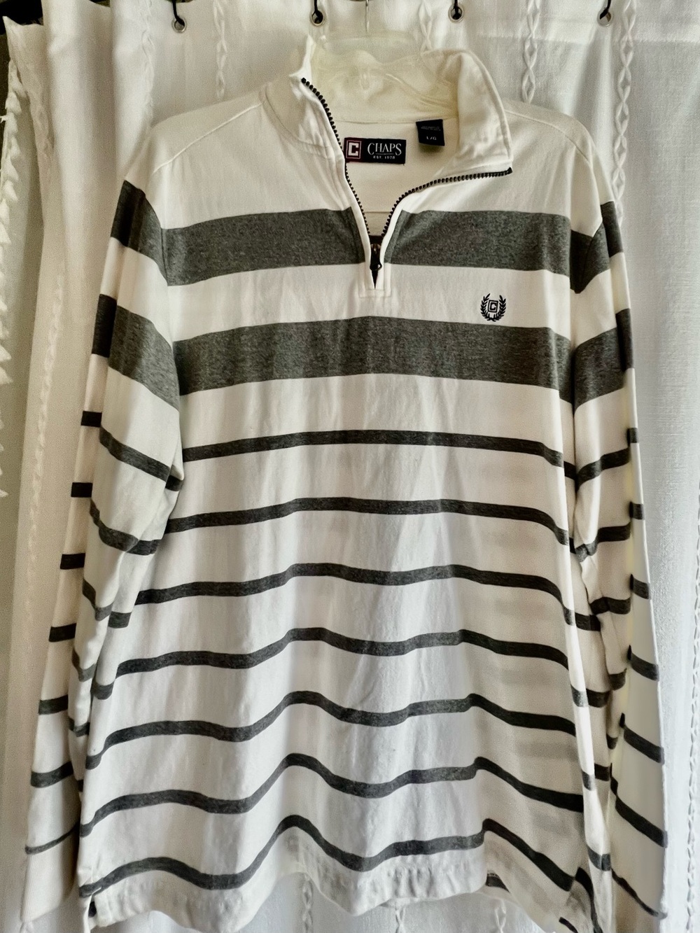 Vintage Chaps Men’s Large Ralph Lauren Striped Quarter Zip Crest Logo White Gray